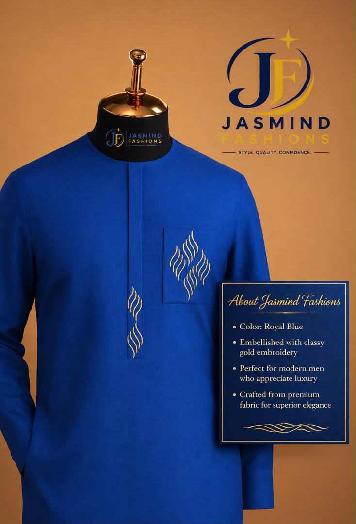 Royal Blue Senator Suit with Gold Embroidery by Jasmind Fashions