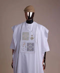White Agbada with Circular Spiral Silver Embroidery by Jasmind Fashions
