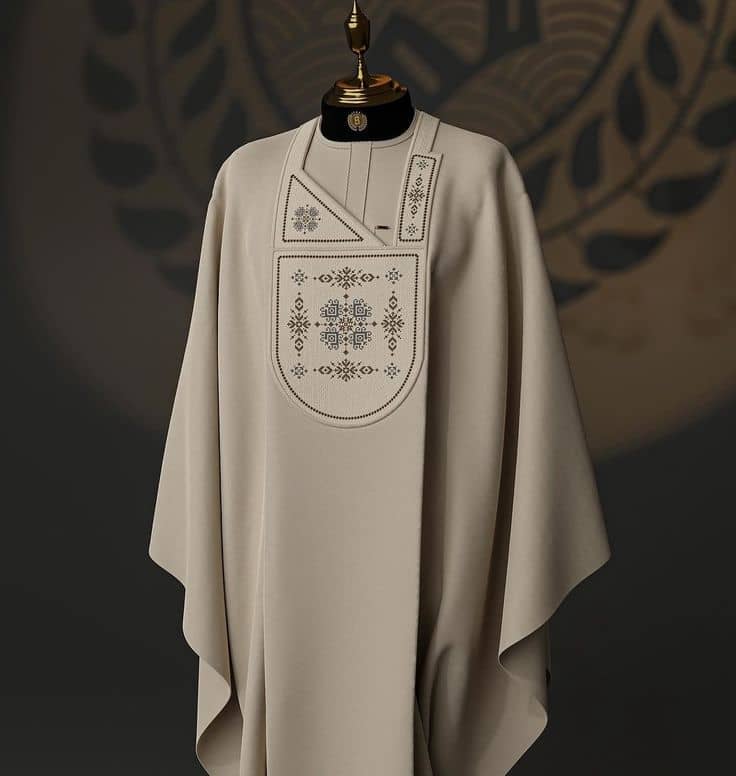 Sophisticated Blue Agbada with Geometric Silver Embroidery by Jasmind Fashions