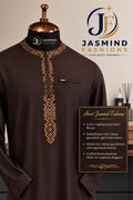 Dark Brown Senator Suit with Geometric Gold Embroidery by Jasmind Fashions