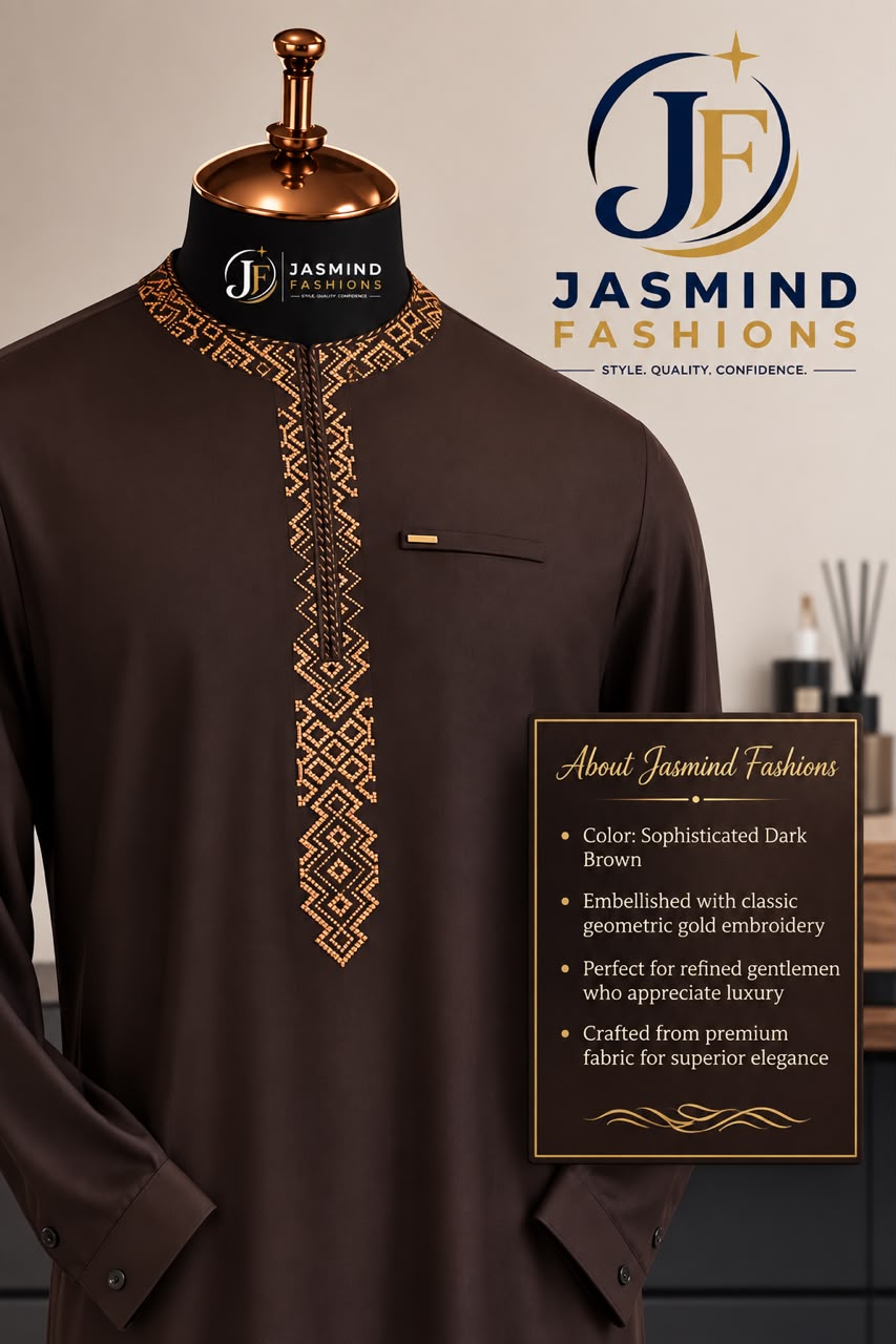 Dark Brown Senator Suit with Geometric Gold Embroidery by Jasmind Fashions