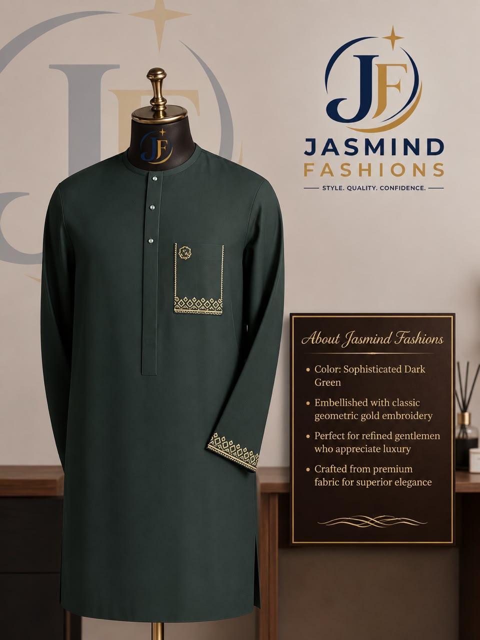 Sophisticated White Kaftan with Geometric Gold Embroidery by Jasmind Fashions