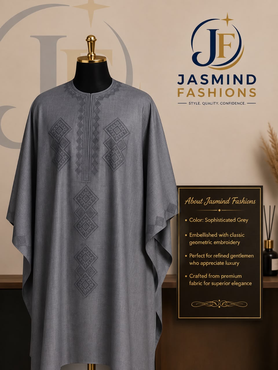 Navy Blue Agbada with Circular Spiral Silver Embroidery by Jasmind Fashions