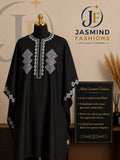 Black Kaftan with Geometric White Embroidery by Jasmind Fashions