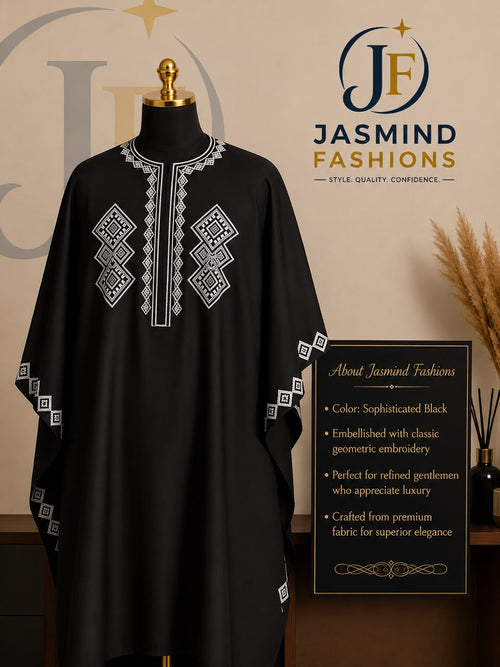 Black Kaftan with Geometric White Embroidery by Jasmind Fashions