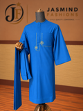 Jasmind Azure bright blue kaftan with gold geometric chest embroidery and matching trousers