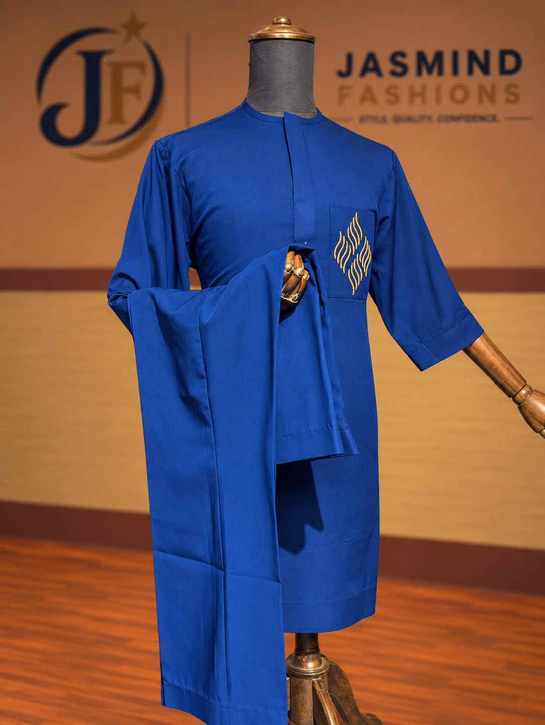 Jasmind royal blue kaftan with gold wave chest-pocket detail and matching trousers