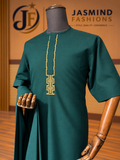 Jasmind Emerald dark green kaftan with extended gold geometric neckline detail
