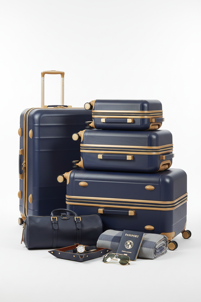 Navy blue executive hardshell travel trolley with gold trim