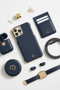 Premium navy blue leather phone case with gold accents