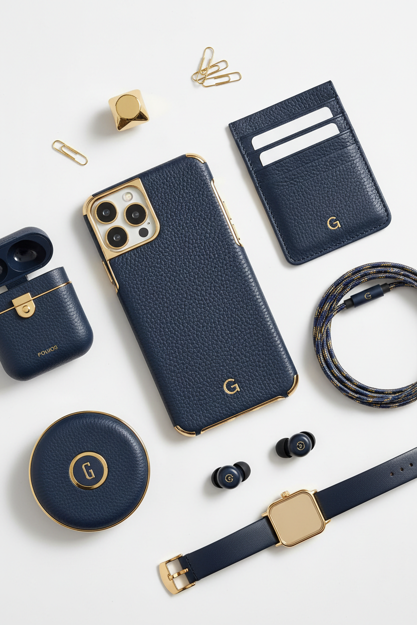 Premium navy blue leather phone case with gold accents